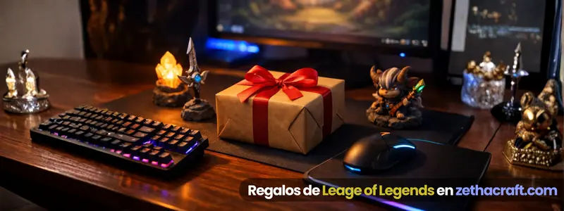 escritorio gamer con regalo envuelto y accesorios inspirados en LoL